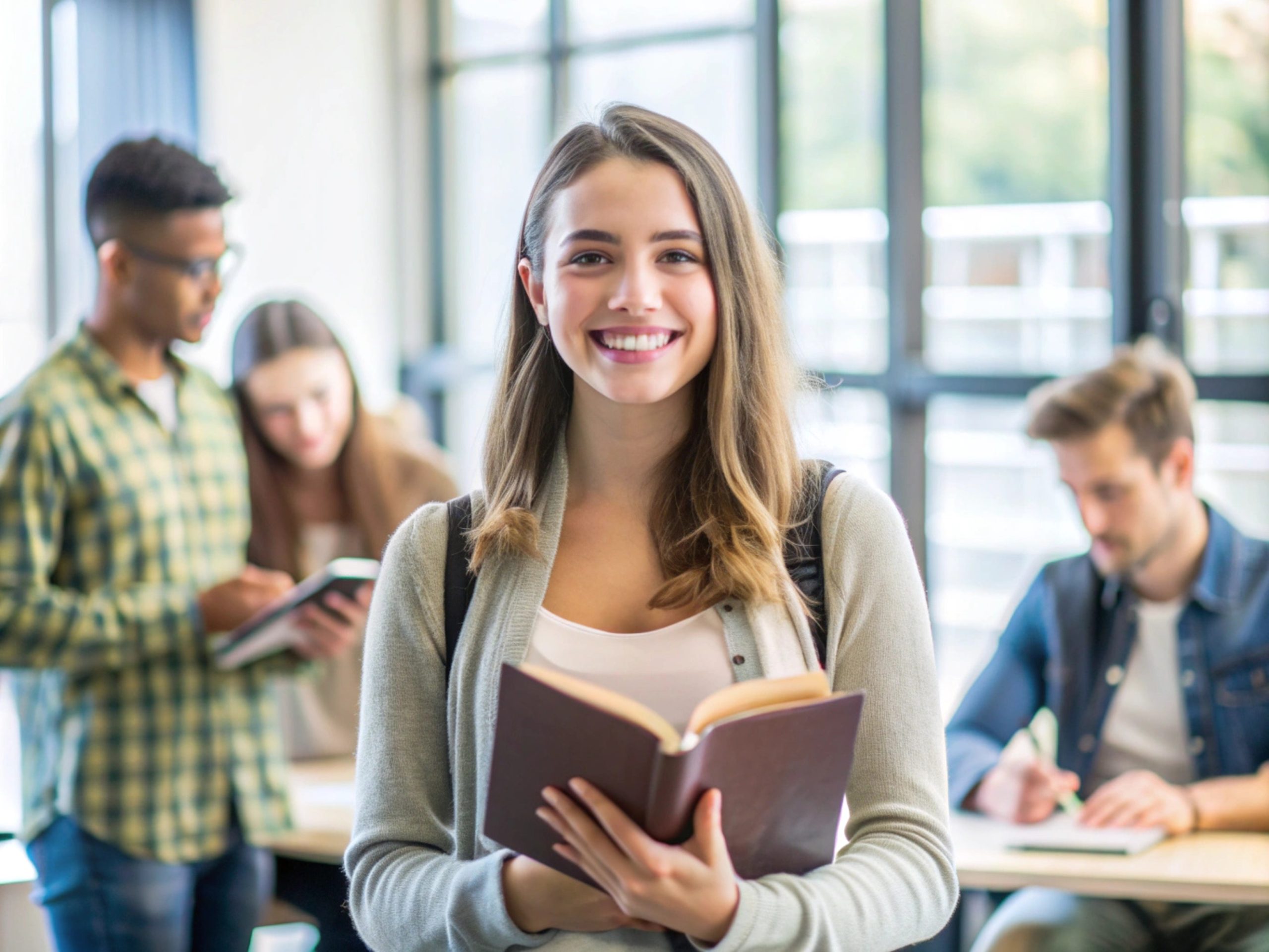 cheerful-female-student-classroom-holding-textbook-with-classmates-reading